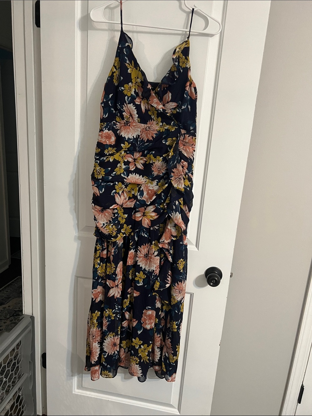 Lulu's Navy Midi Dress with Pink & Yellow Floral Print